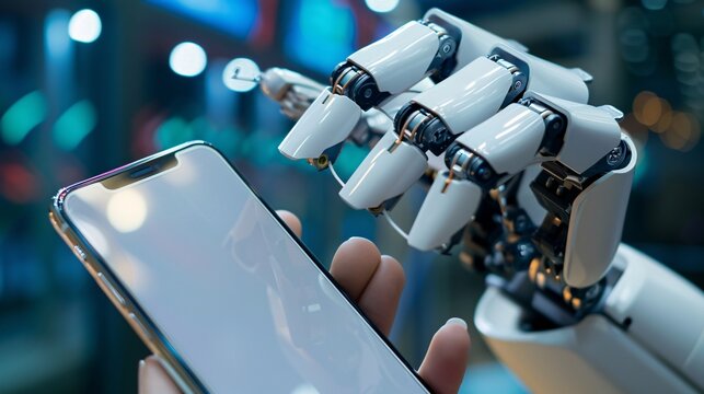 A hand holding a smartphone with an open messaging app, designed with robot motifs, symbolizing the concept of artificial intelligence.