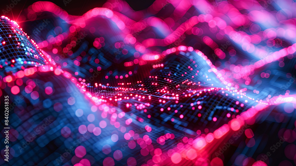 Poster 3d rendering of particles in cyberspace with depth of field and bokeh. futuristic background with de