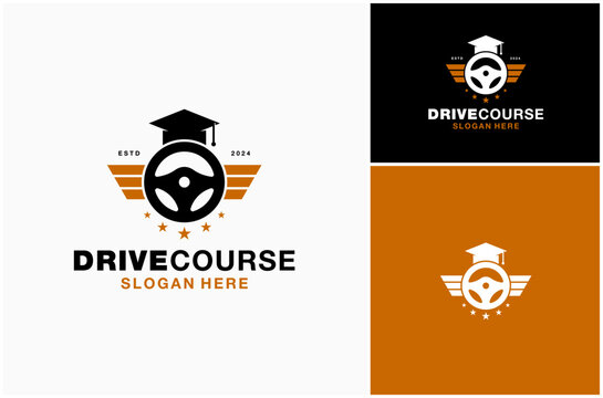 Steering Wheel Car Driving School Drive Course Driver Study Training Vector Logo Design Illustration