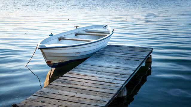 Wooden boat tied to dock on calm lake water