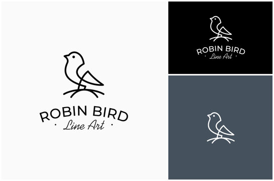 Robin Bird Perched Sparrow Pigeon Dove Branch Nest Line Art Vector Logo Design Illustration