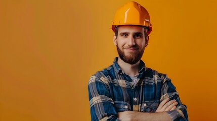 Confident Young Engineer in Safety Helmet Posing with Arms Crossed on Vibrant Orange Background
