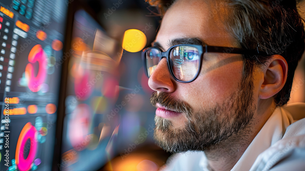Poster portrait of a handsome bearded man with glasses in front of a computer monitor