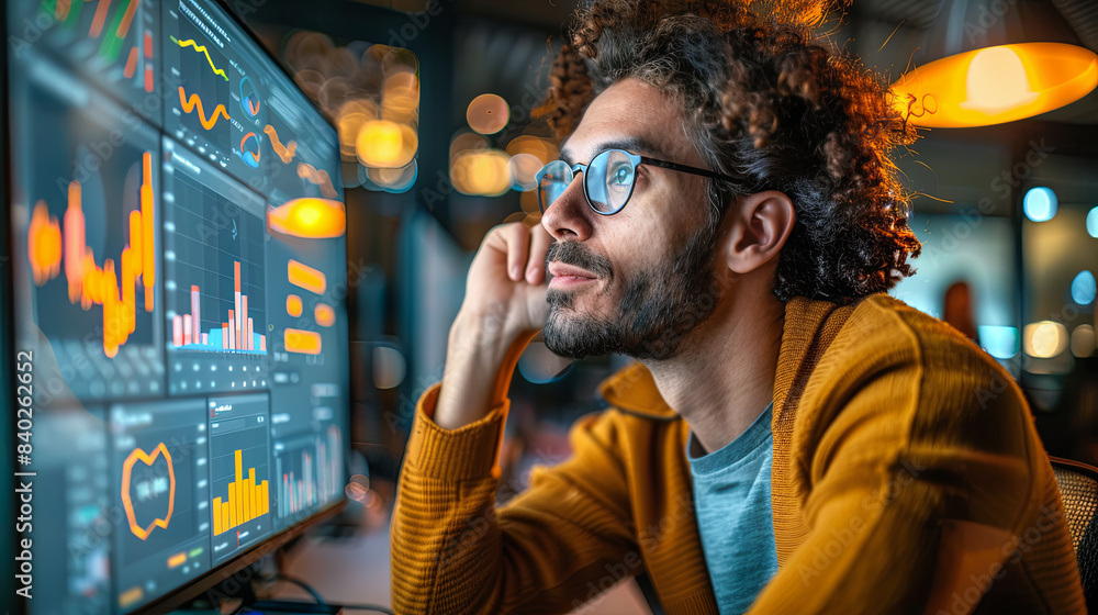 Poster portrait of handsome young man in eyeglasses using computer while sitting in cafe