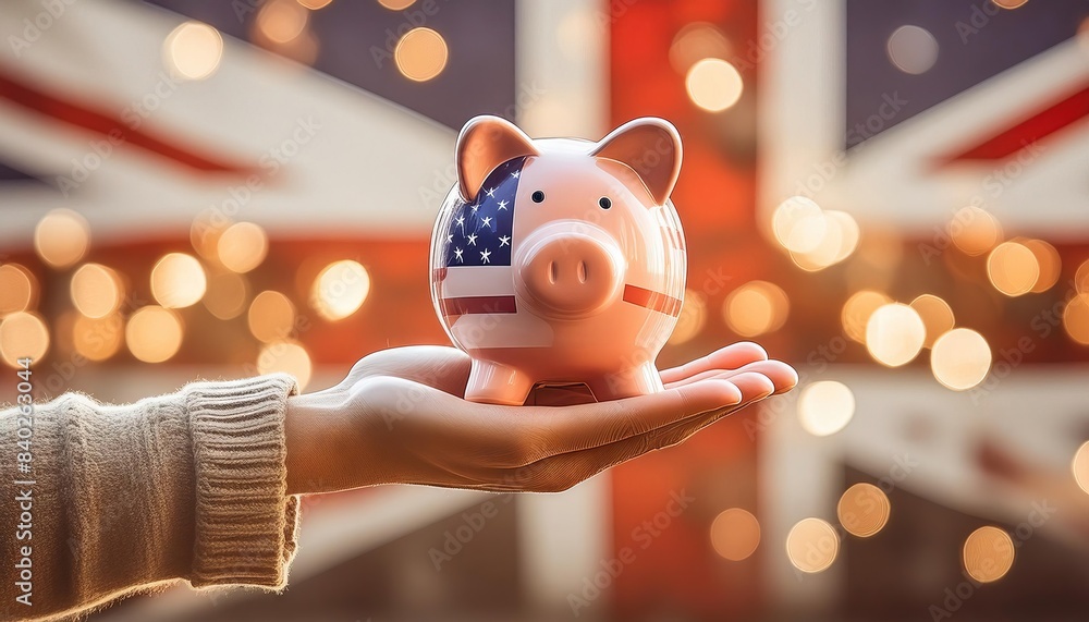 Wall mural Hand Holding Piggy Bank with USA and UK Flags