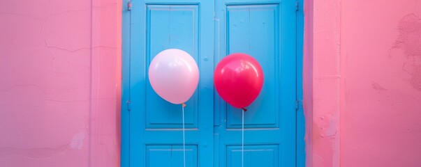 two balloons hanging from a blue door and pink wall