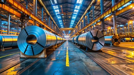 Obraz premium A wide-angle view inside a large warehouse, showcasing rows of massive steel rolls under industrial lighting