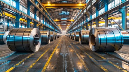 Fototapeta premium A wide-angle view inside a large warehouse, showcasing rows of massive steel rolls under industrial lighting