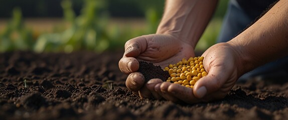 Hands of farmer showing black soil in agricultural field. Farmer holding in hands fresh fertile soil before sowing
