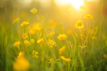A field of yellow wildflowers at sunset, with a soft focus and warm lighting