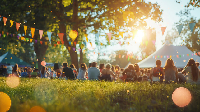 Outdoor Festival with Colorful Bunting and Sunset Glow