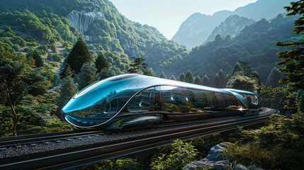 Modern concept train travels through a lush forested valley with cascading waterfall in the background