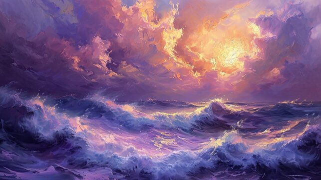 An abstract oil painting depicting a stormy sea at sunset, with dramatic waves and clouds in shades of pink, purple and gold. 