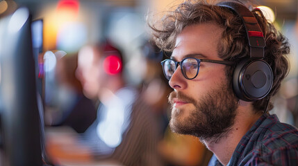 Portrait of a handsome young man with headphones listening to music in a pub