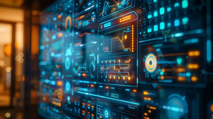 Fototapeta premium A close-up shot of a futuristic digital interface with data visualizations on a large screen