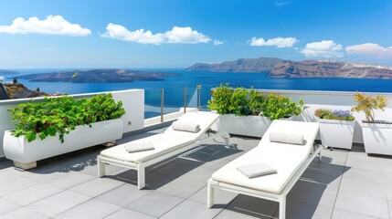 Fototapeta premium Santorini Terrace Lounging With Aegean Sea Views