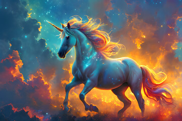 Obraz premium Mythical Unicorn Horse Enchanting Magical Mammal Fantasy Animal Concept afternoon sky background