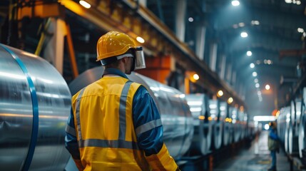 A worker in safety gear inspecting large rolls of steel sheet stored in a manufacturing plant