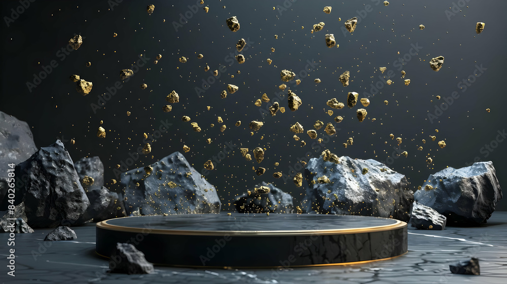 Poster 3d render, abstract background with black rock cobblestone ruins and golden nuggets levitating moder