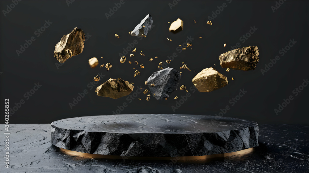 Poster 3d render, abstract background with black rock cobblestone ruins and golden nuggets levitating moder