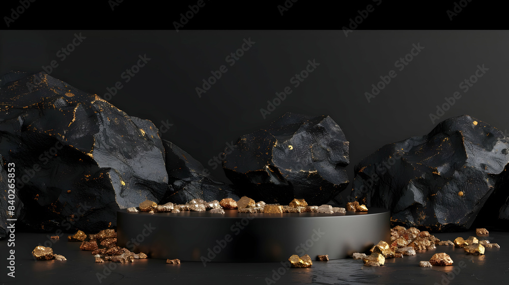 Poster 3d render, abstract background with black rock cobblestone ruins and golden nuggets levitating moder