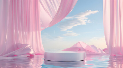 3d abstract platform podium on water and waving curtains Realistic pastel mock-up for products promotion Abstract modern minimal background with emty podium