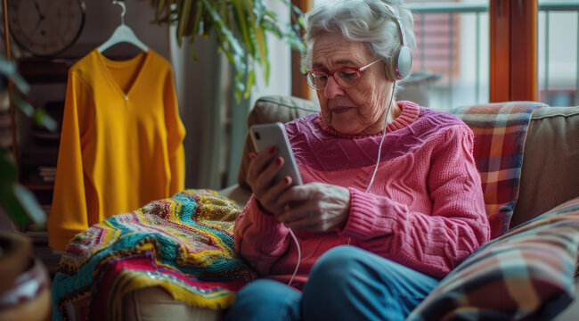 Elderly woman relaxing on the sofa, listening to music with headphones and holding an iPhone in her hand, enjoying leisure time at home