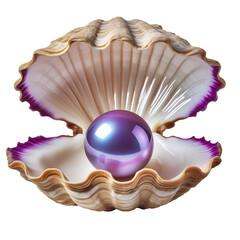 Beautiful round purple pearl inside the open clam shell isolated on transparent background 