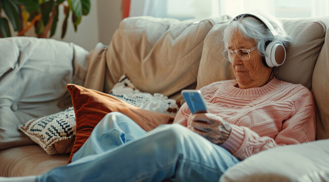 Elderly woman relaxing on the sofa, listening to music with headphones and holding an iPhone in her hand, enjoying leisure time at home