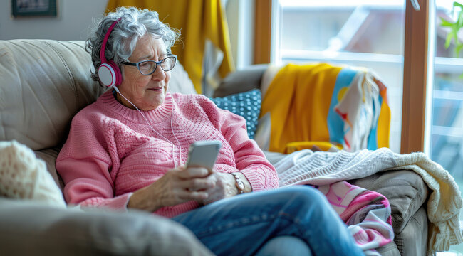 Elderly woman relaxing on the sofa, listening to music with headphones and holding an iPhone in her hand, enjoying leisure time at home