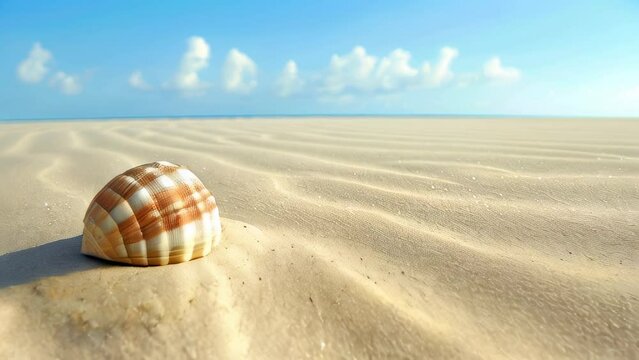 Lone seashell on smooth sandy beach under clear blue sky