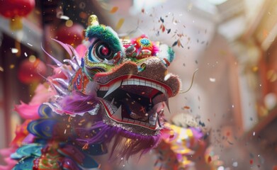 Colorful Chinese dragon parading through city streets, surrounded by confetti