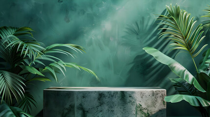 Green Product background with stone plinth and Tropical Leaves