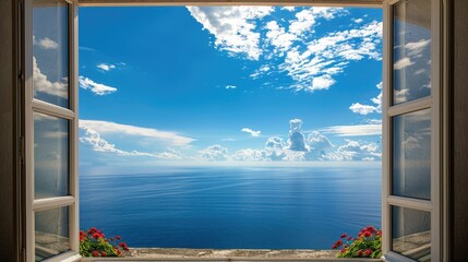 A Window to Serenity: Coastal View With Puffy Clouds