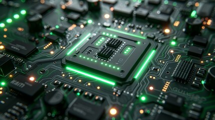 Fototapeta premium Close-up view of a digital microchip with illuminated circuits, showcasing modern technology and electronic hardware components.