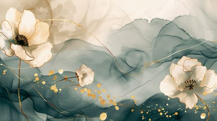 Elegant abstract watercolor painting with flowers in soft neutral tones and gold accents, featuring flowing, delicate shapes.