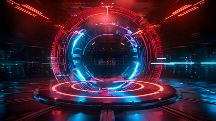 Obraz premium Stage assortment of sci fi high technology with red and blue glowing HUD futuristic hologram portal swirl light of science Fantasy video game magic warp gate teleport podium in a c