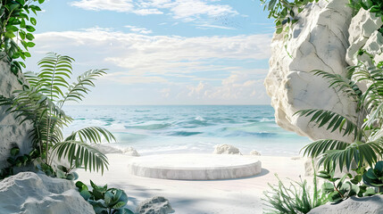 Summer beach themed background for advetrising product display, stone podium