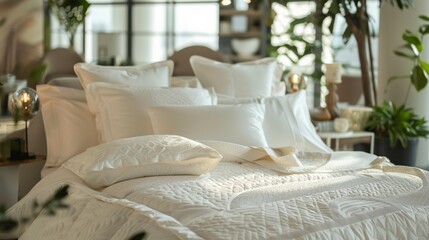 Exquisite Luxury Bedding Showroom Elegance with Fine Linens Pillows and Elegant Beds Blank Business Cards for Personalization