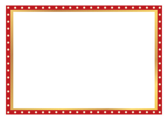 Rectangle vintage light red gold frame. Retro rectangle bulb frame. Banner space for advertisement, promotion and text. Vector illustration