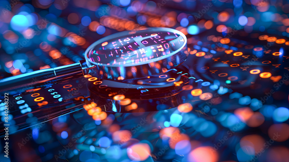 Poster close-up of electronic circuit board with binary code. 3d rendering