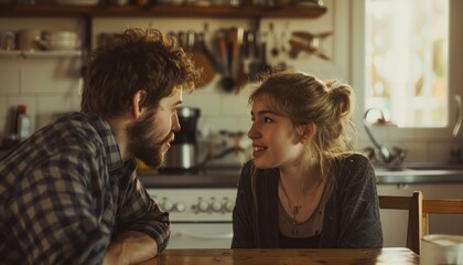 Young couple engaged in a warm, cheerful talk in a homey kitchen setting