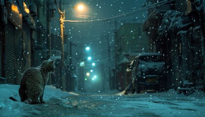 Lonely cat on snowy street at night