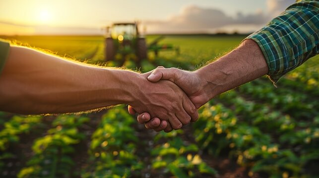 Two farmers shaking hands in green field at sunset, symbolizing trust and cooperation in agriculture.