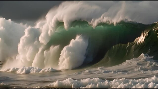 Slow motion of the wave. Storm. Natural disasters. Beauty of nature. Tsunami