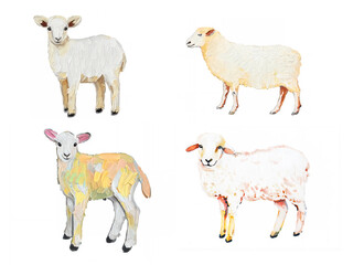 アナログタッチ、油絵タッチ手描き風の羊、ひつじのイラストセット　未年　年賀状素材　AI生成画像　