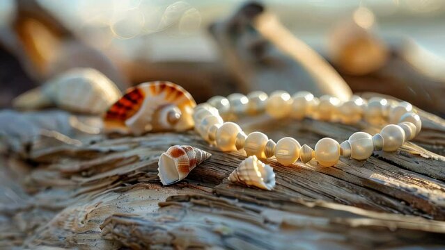 Pearl bracelet on driftwood with various seashells