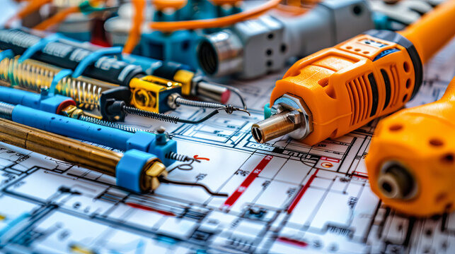 Electrician's tools and equipment on construction drawings. Selective focus.