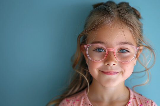 ni&ntilde;a sonriente de pelo rubio con gafas graduadas de pasta en color rosa, sobre fondo azul claro