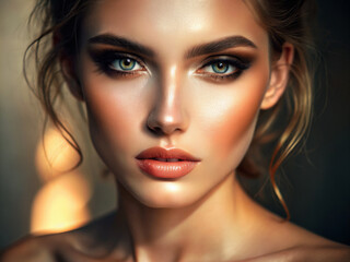 Fototapeta premium beautiful girl with make-up and sunlight on face. pretty young woman in morning light